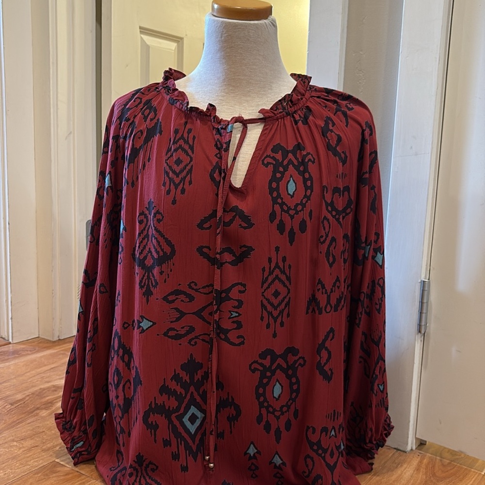 SOLD Burgundy Aztec Rayon Blouse